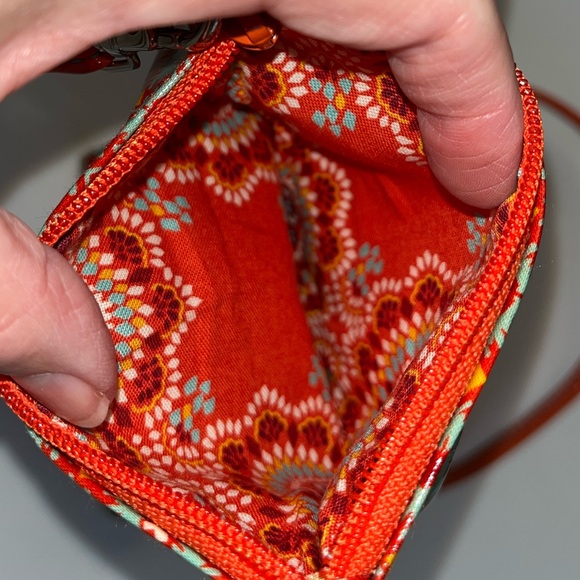 Vera Bradley bowtie crossbody. Orange,teal vinyl. Zips each end. 8.5x5” EUC  tag - Picture 8 of 9